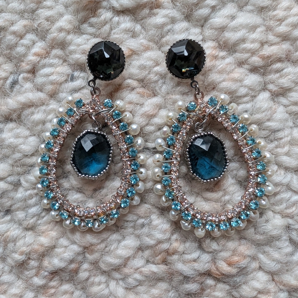 Blue, Pearl & Silver Drop Earrings